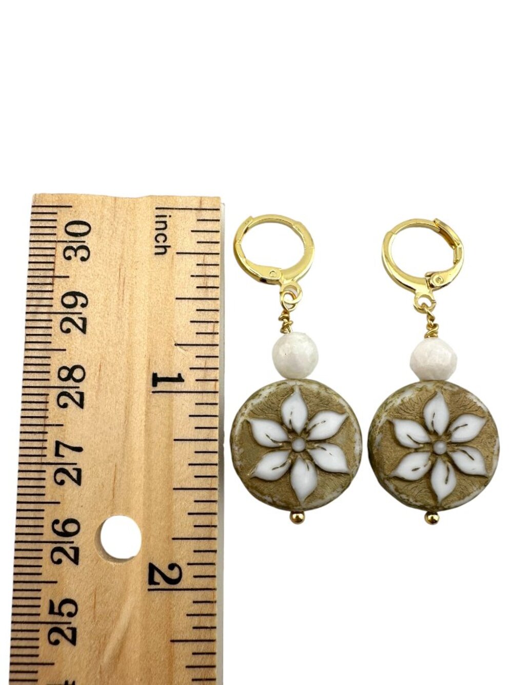 Czech Glass Clematis Flower Earrings White Gemstone Gold Leverbacks Artisan 1.5" - Picture 9 of 10
